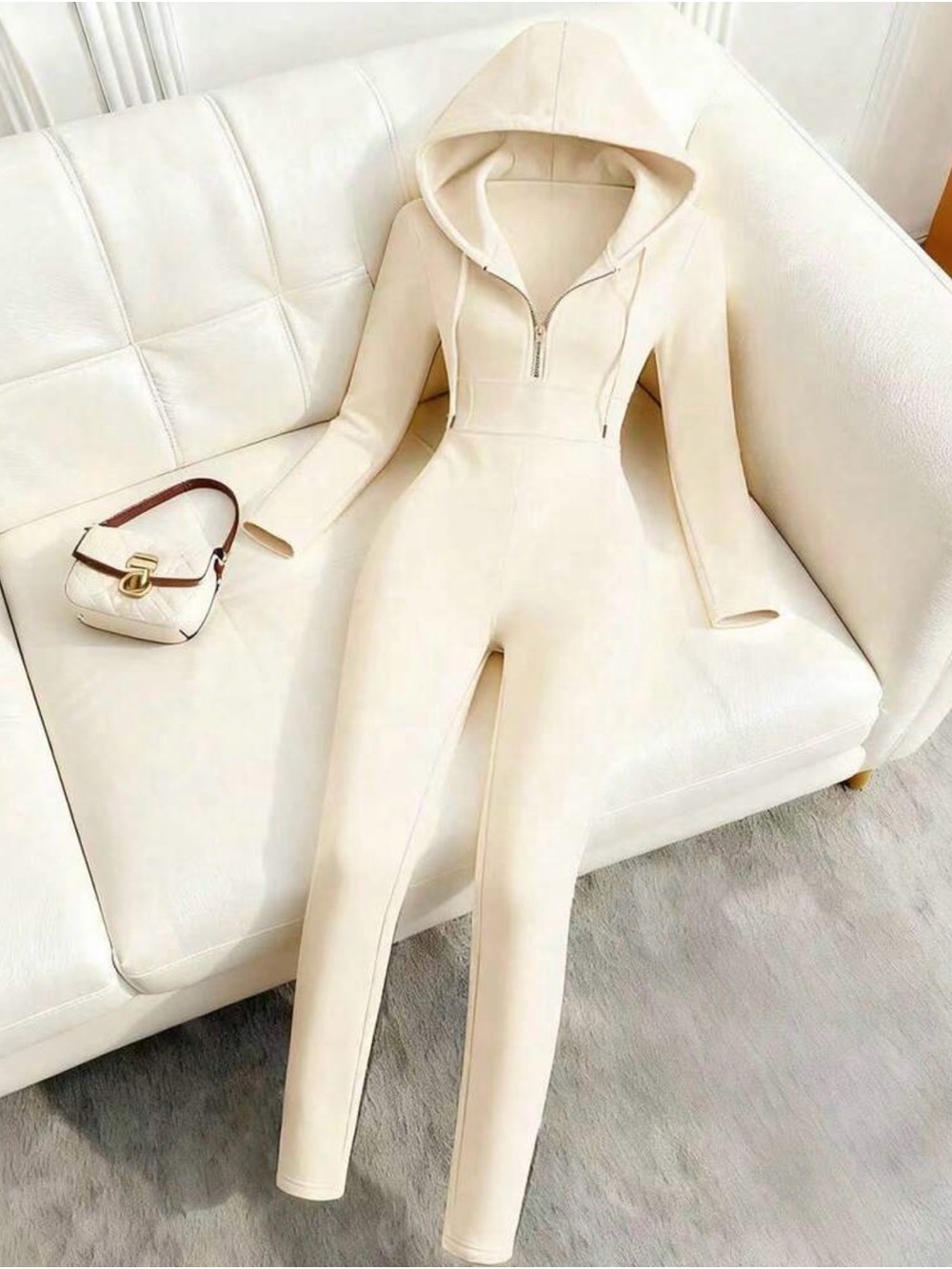 SHEIN Cream Hooded Zip-Front Fitted Jumpsuit